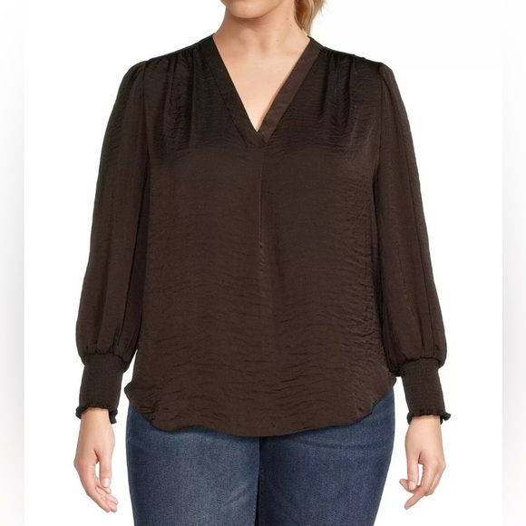 NEW 1X Plus Size Vince Camuto Womens SplitNeck Raglan Smock Cuff Sleeve Choc $89 - Picture 1 of 8